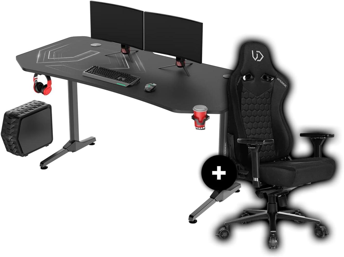 ULTRADESK Frag XXL 160x75 cm + Throne Gaming Stuhl, Gamer Tisch mit großer Arbeitsfläche & XXL-Pad, 2 Kabeldurchlässe, Fach für Steckdosenleisten, Stahlgestell, Schwarz Bild 1