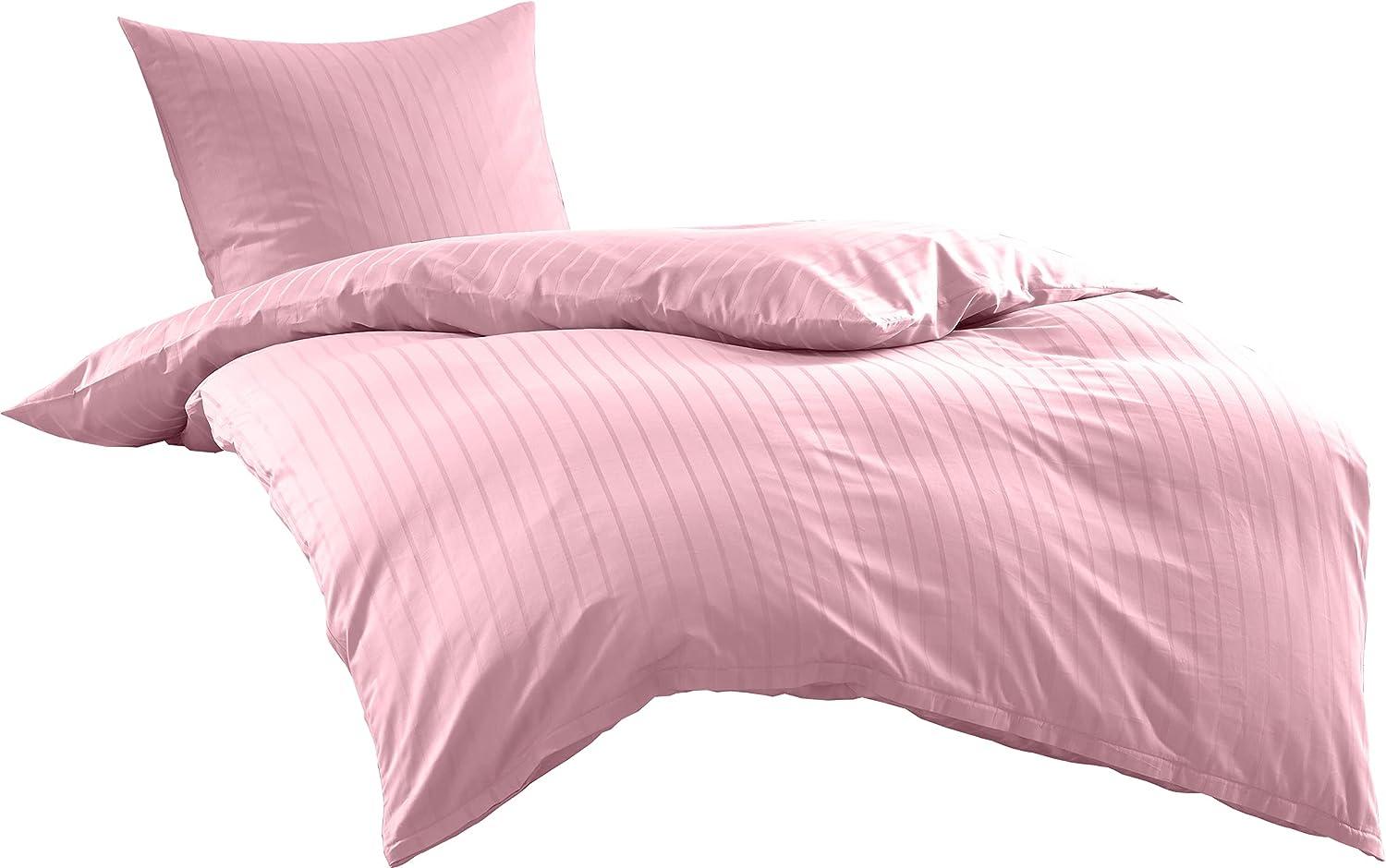 Bettwaesche-mit-Stil Mako Satin Damast Bettwäsche Streifen "Lima" rose Garnitur 135x200 + 80x80 Bild 1