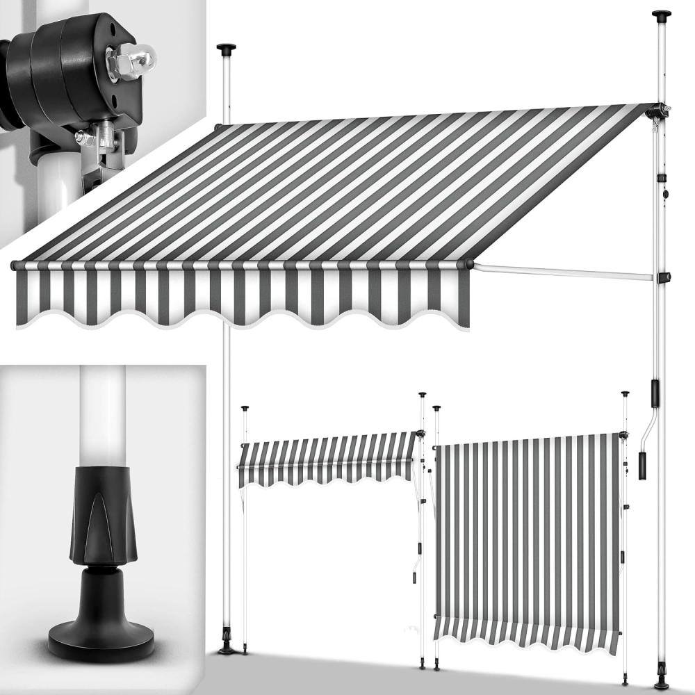 tillvex Balkonmarkise 200 cm Grau/Weiß Gelenkarm Markise Klemmmarkise Sonnenmarkise Balkon ohne Bohren Bild 1