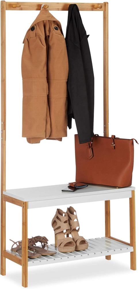 Relaxdays Garderobenständer mit Schuhregal, 4 Kleiderhaken, mit Ablage, Bambus & MDF, HBT 150 x 70,5 x 30 cm, natur-weiß Bild 1