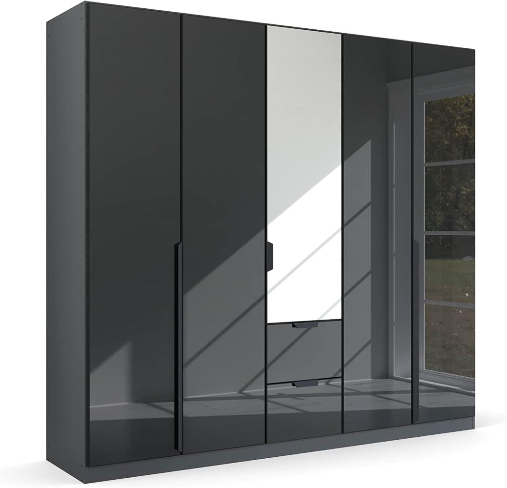 Kleiderschrank Drehtürenschrank Modern | 5-türig | mit Spiegeltüren & Schubkästen | grau metallic / Glas basalt | 226x210 Bild 1