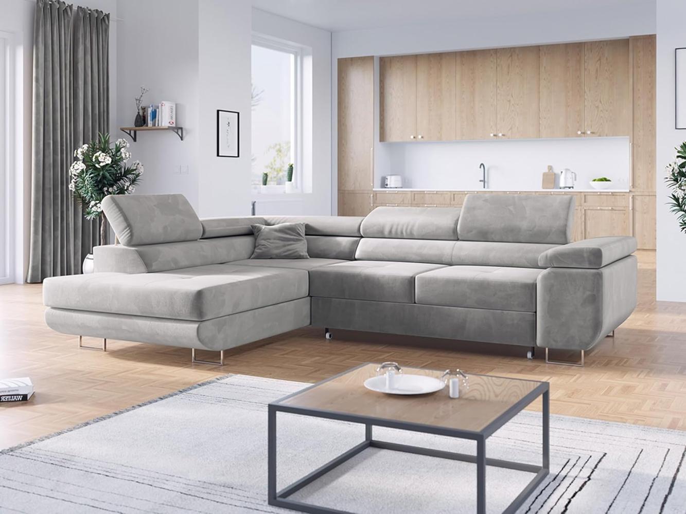 Ecksofa L-Form Couch mit Schlaffunktion und Verstellbare Kopfstützen - GUSTAW - Hellgrau Velours - Links Bild 1