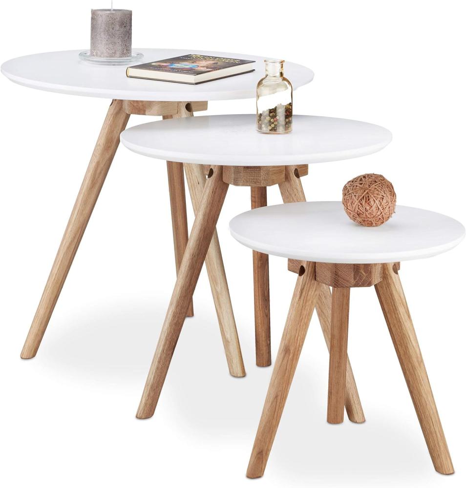 Relaxdays Beistelltisch 3er Set, Tischbeine aus Walnuss-Holz, weiße Tischplatte 50, 40 und 32 cm, im nordischen Design, weiß / natur Bild 1