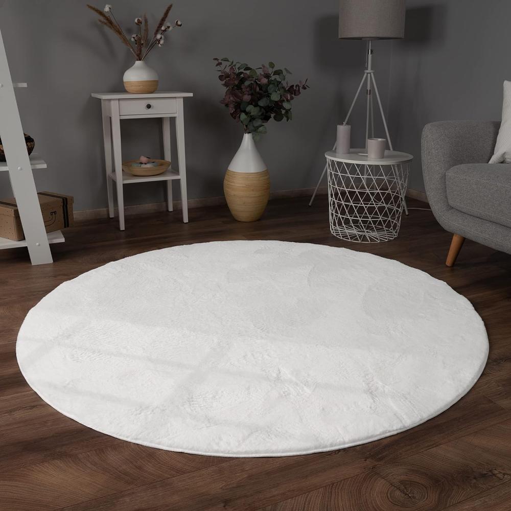 Paco Home Hochflor Teppich Wohnzimmer Flauschig Fellteppich Kunstfell Plüsch Shaggy Weich Fellimitat, Grösse:120 cm Rund, Farbe:Weiß Bild 1