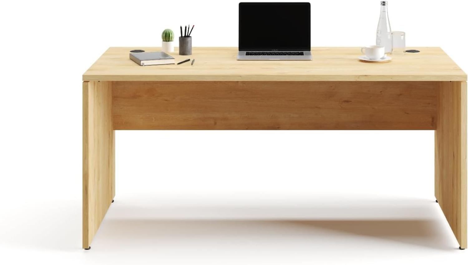 Furni24 Schreibtisch fürs Arbeitszimmer und Home Office - Großer laminierter Computertisch aus Holz, 2 Kabeldurchlässe und mit verstellbarem Metall kabelkanal-Nuvi(Saphir-Eiche,Kabelkanal 180x80x75cm) Bild 1