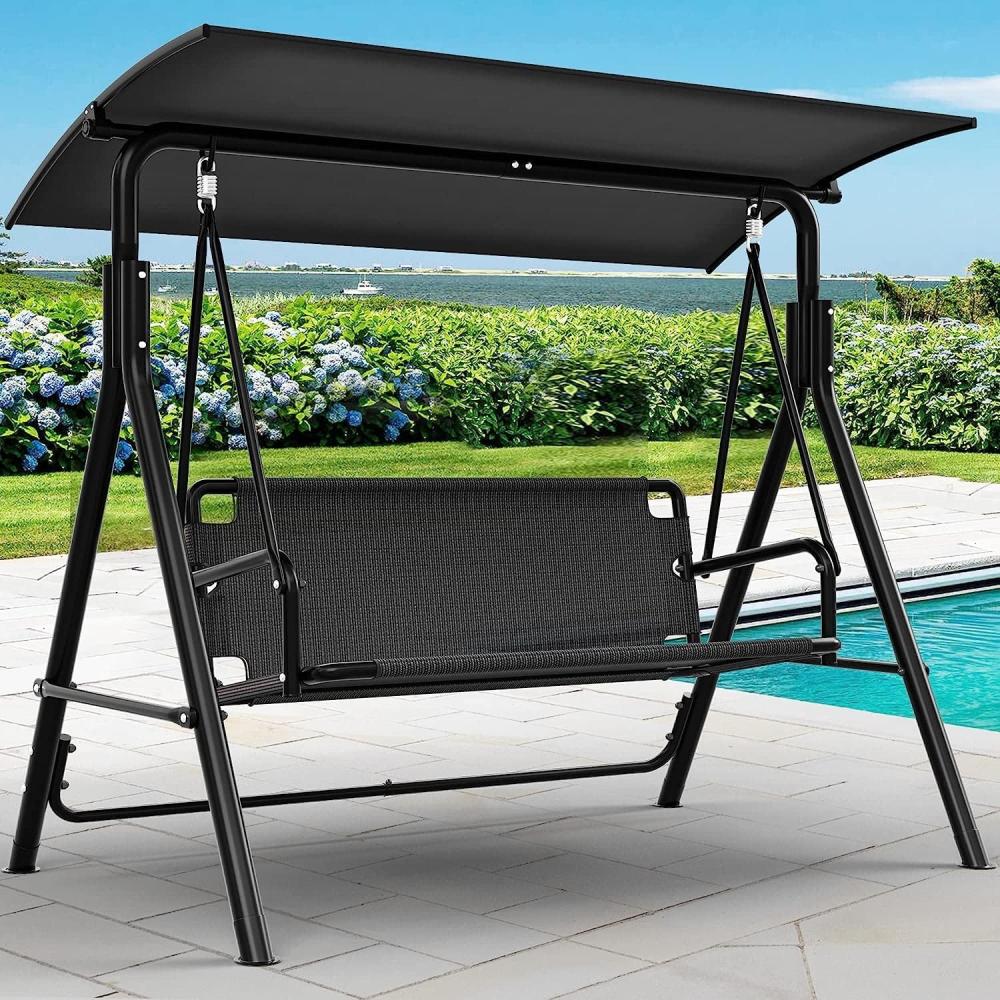 YITAHOME 3 Sitzer Hollywoodschaukel, Metall Outdoor Hollywoodschaukeln mit Liegefunktion, Gartenschaukel mit Verstellbarem Sonnendach für Erwachsene, 270KG Belastbar, 170 x 110 x 153cm, Schwarz Bild 1