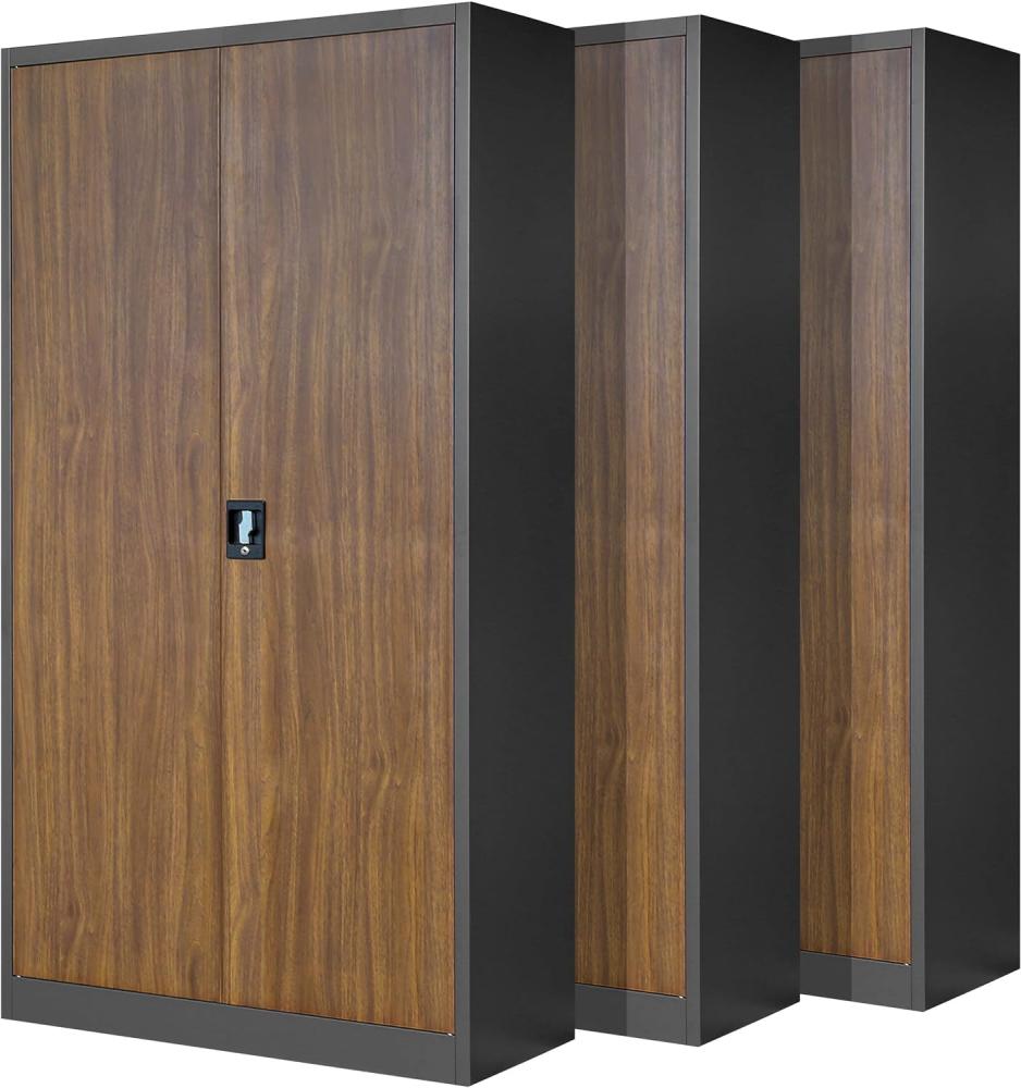 Jan Nowak 3er Set Aktenschrank C001H Büroschrank Metallschrank Stahlschrank Werkzeugschrank Stahlblech Pulverbeschichtet Flügeltürschrank Abschließbar 195 cm x 90 cm x 40 cm (anthrazit/holzoptik) Bild 1