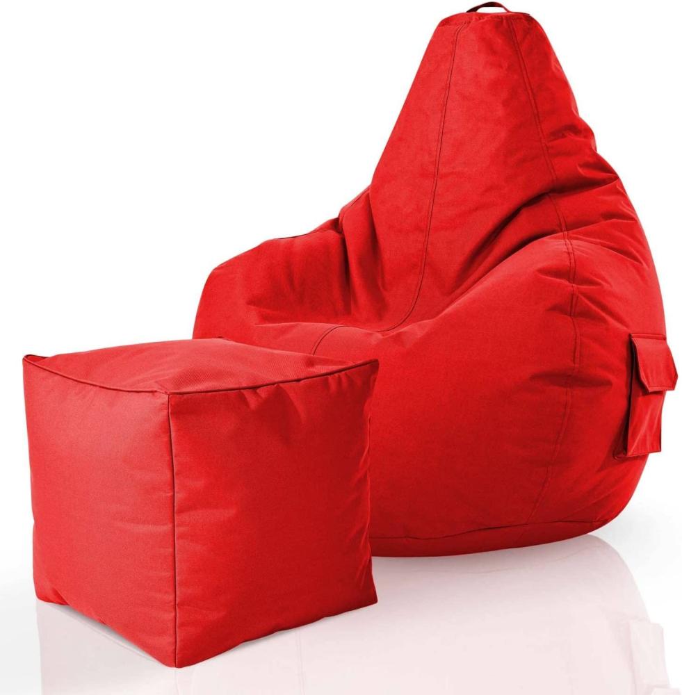 Green Bean© 2er Set Sitzsack + Hocker "Cozy+Cube" - fertig befüllt - Bean Bag Bodenkissen Lounge Sitzhocker Gamingstuhl Pouf - Rot Bild 1