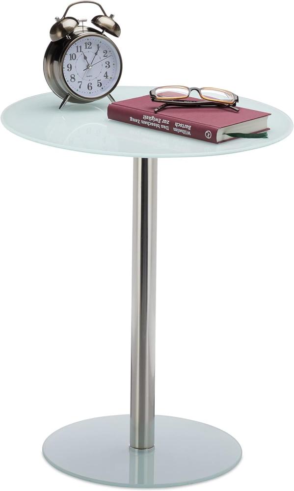 Relaxdays, Weiß Runder Beistelltisch aus Glas und Edelstahl, dekorativer Loungetisch, HxBxT: 53 x 43 x 43 cm, Standard Bild 1