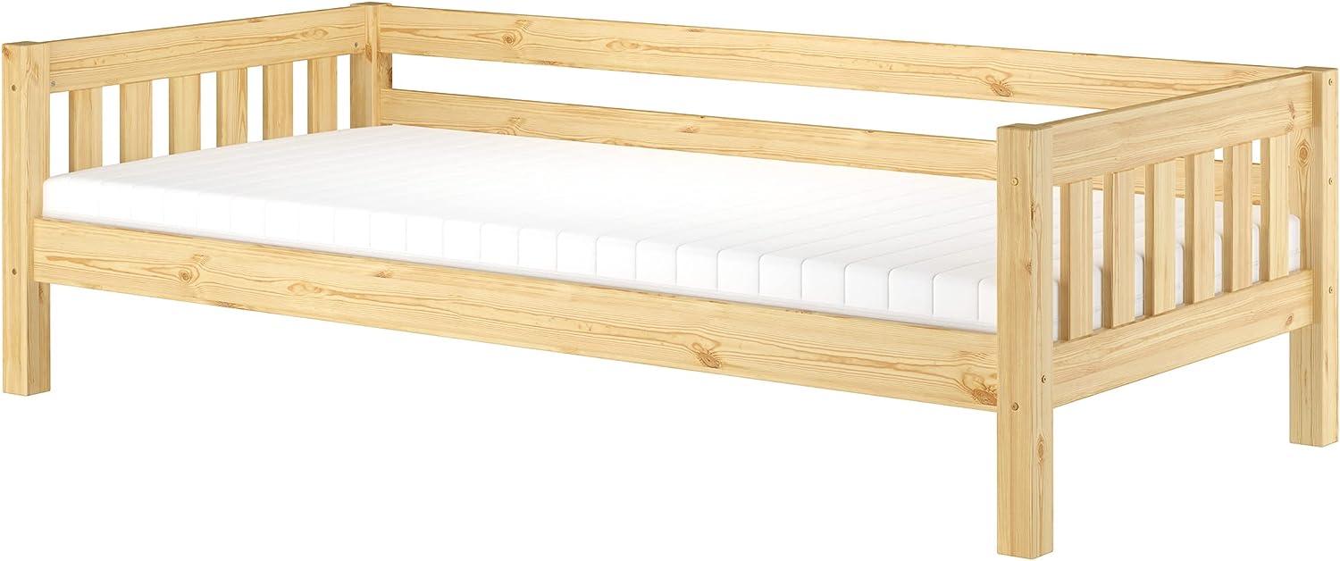 Gemütliches Kinderbett mit dreiseitiger Sicherung 90x200 cm Kiefer V-60. 29-09Rollrost und Matratze inkl. Bild 1