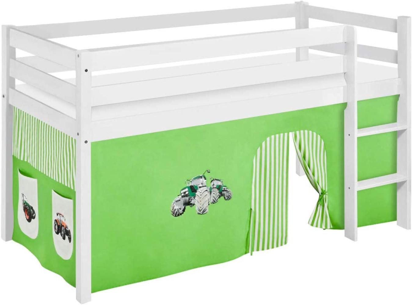 Lilokids 'Jelle' Spielbett 90 x 200 cm, Trecker Grün Beige, Kiefer massiv, mit Vorhang Bild 1
