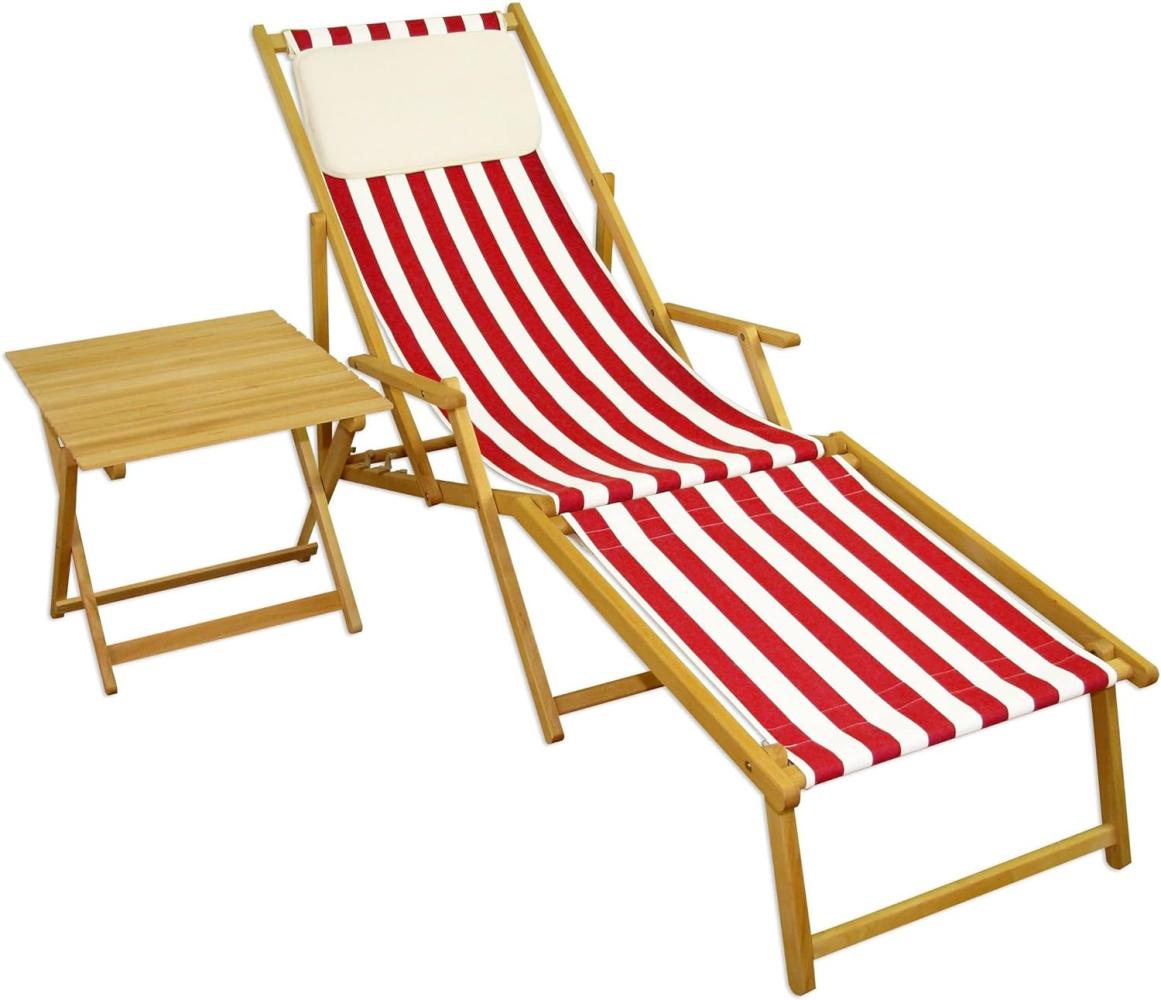 Liegestuhl rot-weiß Gartenliege Strandliege Buche natur Fußteil Tisch Kissen 10-314 N F T KH Bild 1