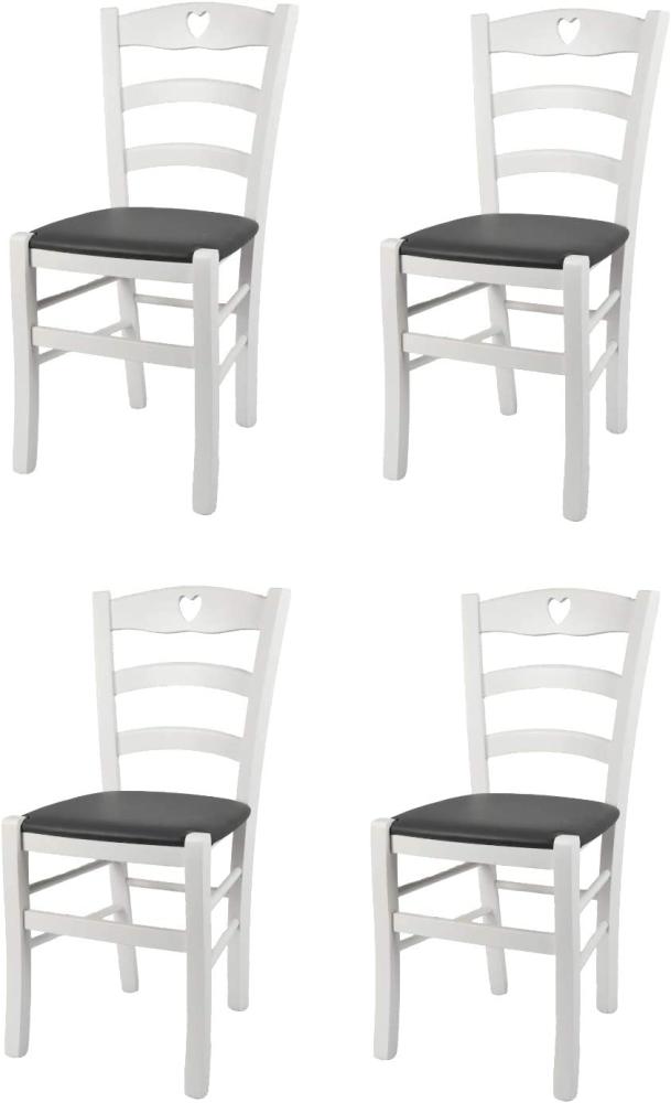 Tommychairs - 4er Set Stühle Cuore für Küche und Esszimmer, Robuste Struktur aus Buchenholz, deckend Weiss lackiert und gepolsterte Sitzfläche mit Kunstleder in der Farbe Dunkelgrau bezogen Bild 1