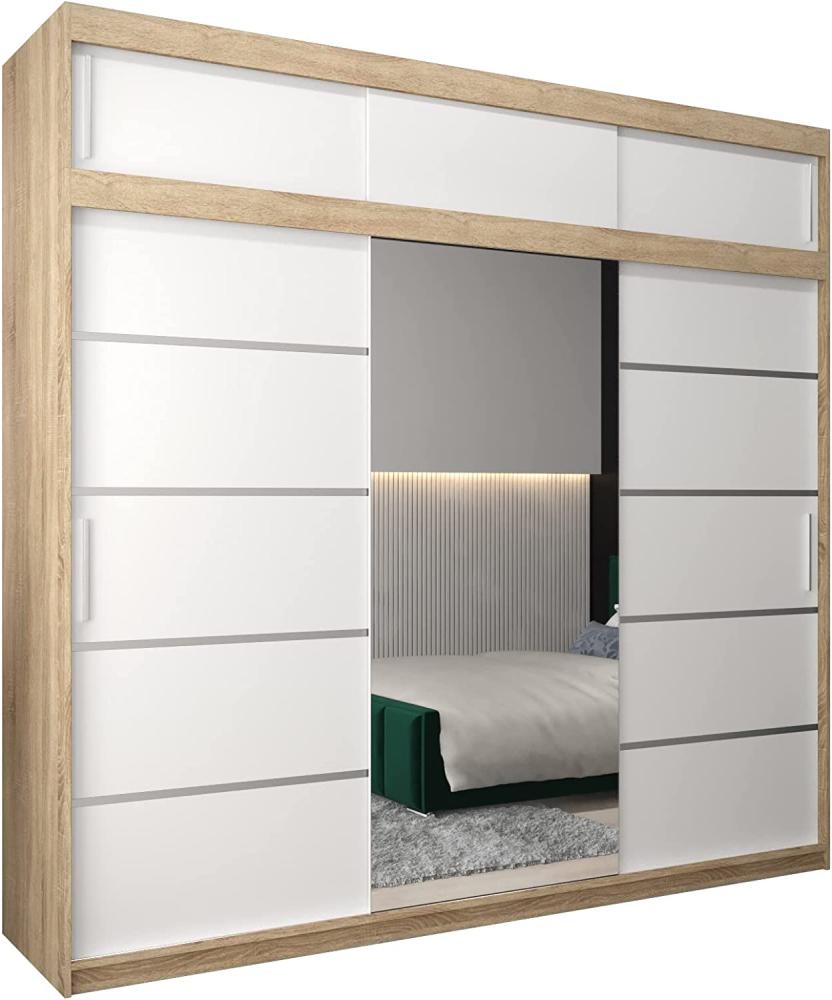 Kryspol Schwebetürenschrank Verona 2-250cm mit Spiegel Kleiderschrank mit Kleiderstange und Einlegeboden Schlafzimmer- Wohnzimmerschrank Schiebetüren Modern Design (Sonoma + Weiß mit Erweiterung) Bild 1