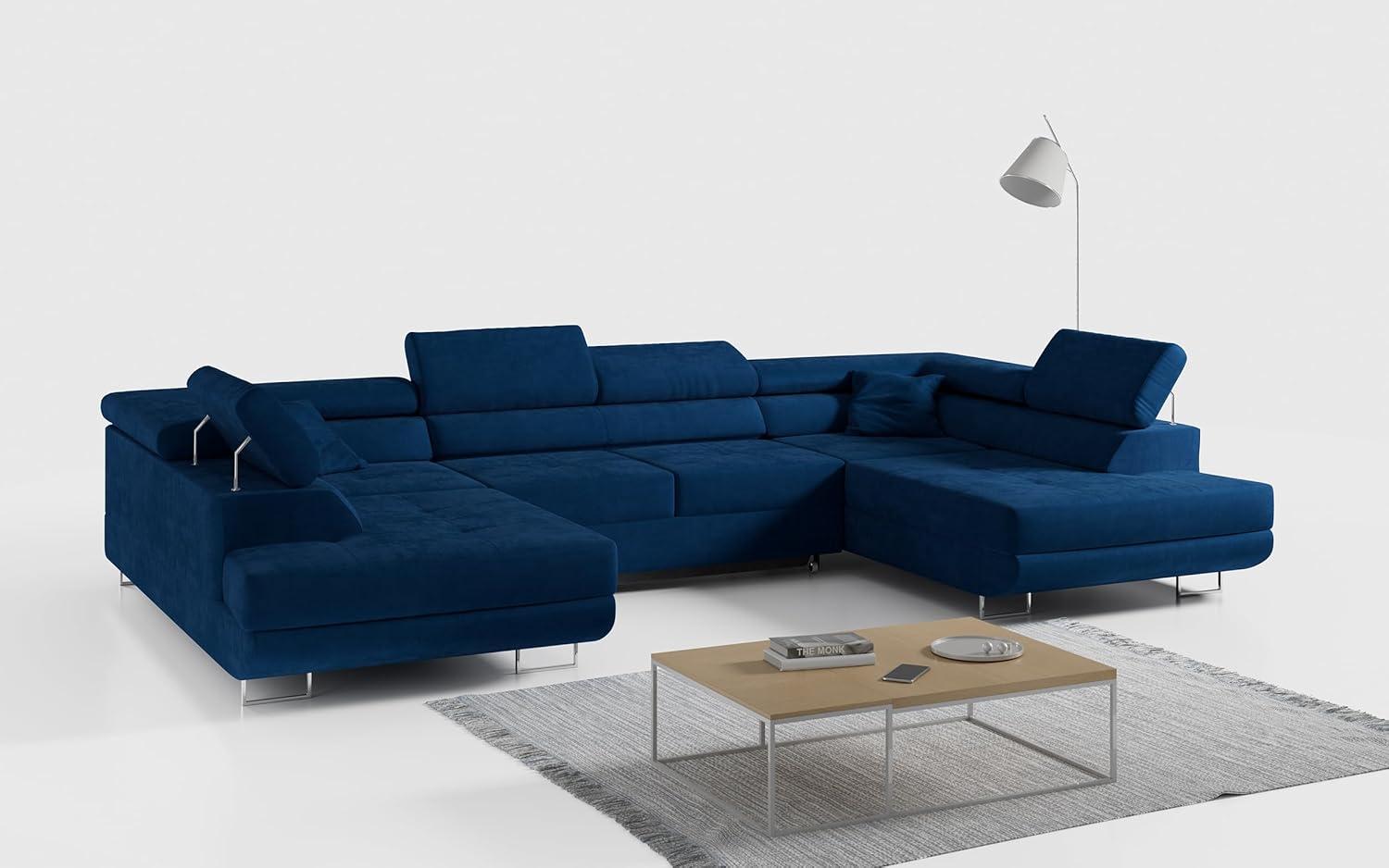 Ecksofa, Wohnzimmer U Couch, Polstersofa mit Bettkasten - GUSTAW-U - Dunkelblau Velours Bild 1