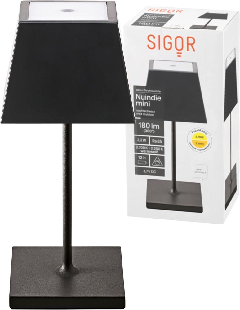 SIGOR Nuindie mini - Dimmbare kleine LED Akku-Tischleuchte Indoor & Outdoor mit eckigem Schirm, IP54 spritzwassergeschützt, Höhe 25 cm, aufladbar mit Easy Connect, 12 h Leuchtdauer, nachtschwarz Bild 1