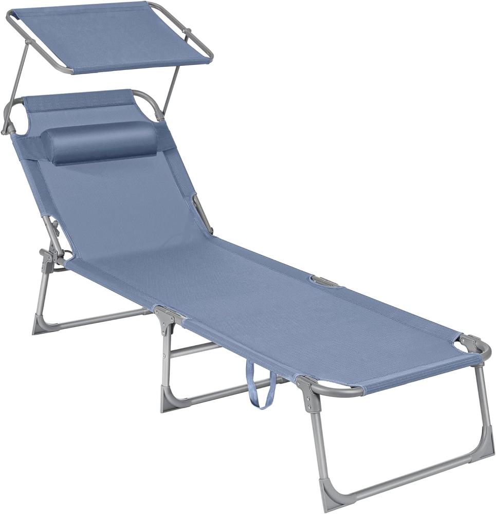 Sonnenliege, klappbarer Liegestuhl, 193 x 53 x 29 cm, max. Belastbarkeit 150 kg, mit Sonnenschutz, Kopfstütze und verstellbarer Rückenlehne, für Garten, Pool, Terrasse, blau GCB192Q01 Bild 1