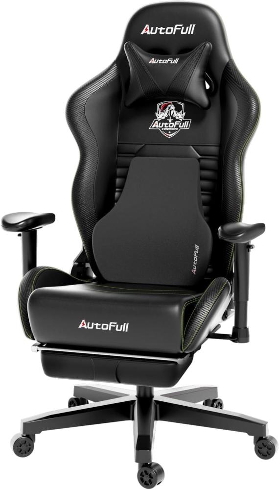 AutoFull Gaming Stuhl Bürostuhl Gamer Ergonomischer Schreibtischstuhl PC-Stuhl mit hoher Rückenlehne und Lendenwirbelstütze,Einstellbare Sitzhöhe und Rückenlehnenneigung, Fußstütze,Schwarz Bild 1
