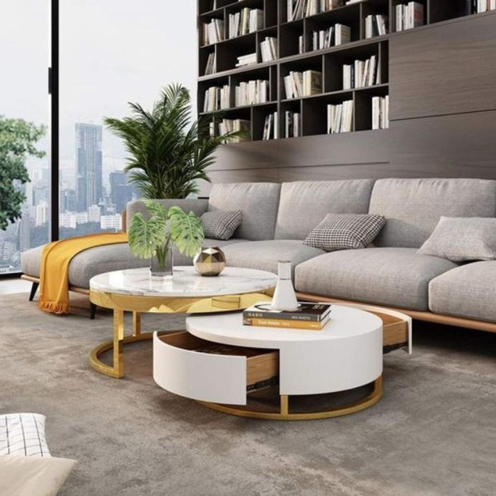 Casa Padrino Luxus Couchtisch Set Weiß / Gold - 2 runde Wohnzimmertische - Wohnzimmer Möbel - Luxus Qualität Bild 1