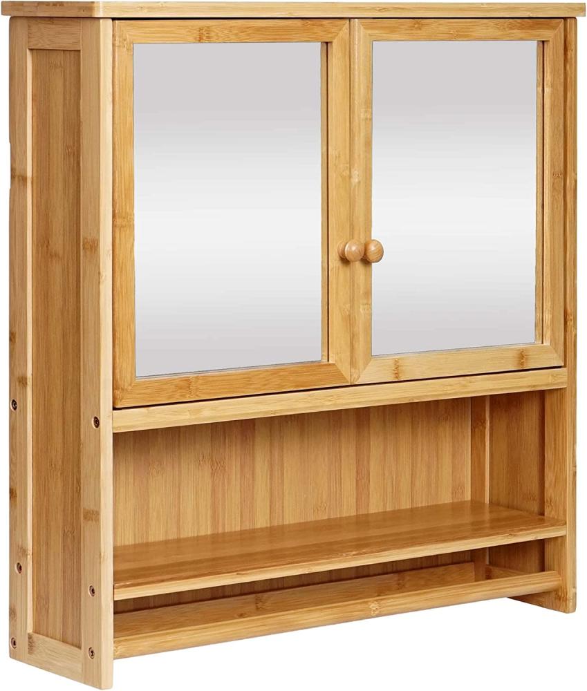 Spiegelschrank HWC-B18, Badspiegelschrank Hängeschrank, 3 Regalböden 2 Türen Spiegel Bambus 62x66x15cm Bild 1