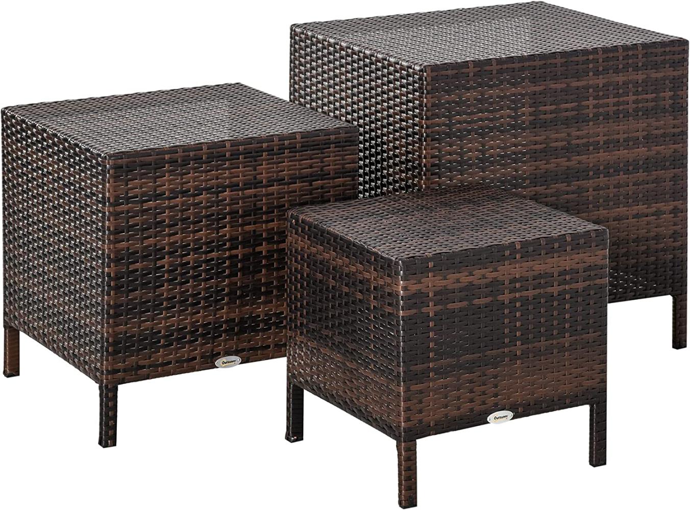 Outsunny Beistelltisch Couchtisch 3er Set Couchtisch (Balkontisch, 3-St, Gartentisch), Polyrattan Braun Bild 1