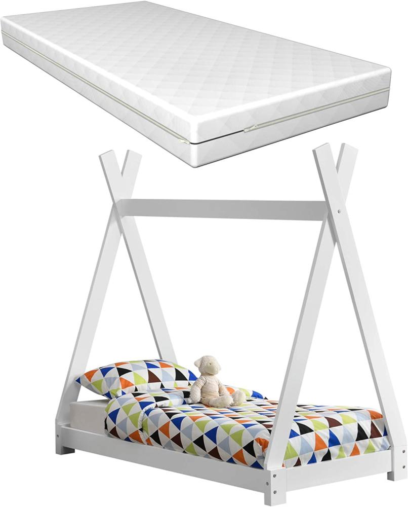 [en.casa] Tipi-Bett Weiß 70x140 cm, inkl. Lattenrost und Matratze Bild 1