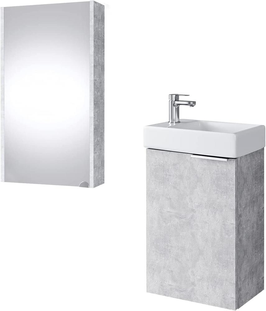 Planetmöbel Waschtischunterschrank mit Spiegelschrank Badmöbel Set 40cm für Badezimmer Gäste WC Beton Bild 1