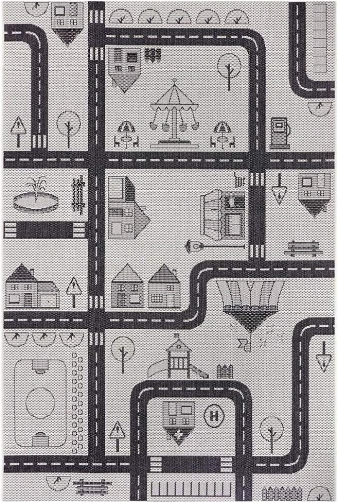 Flachgewebe Kinderteppich Straßenteppich City - creme schwarz - 80x150x0,3cm Bild 1