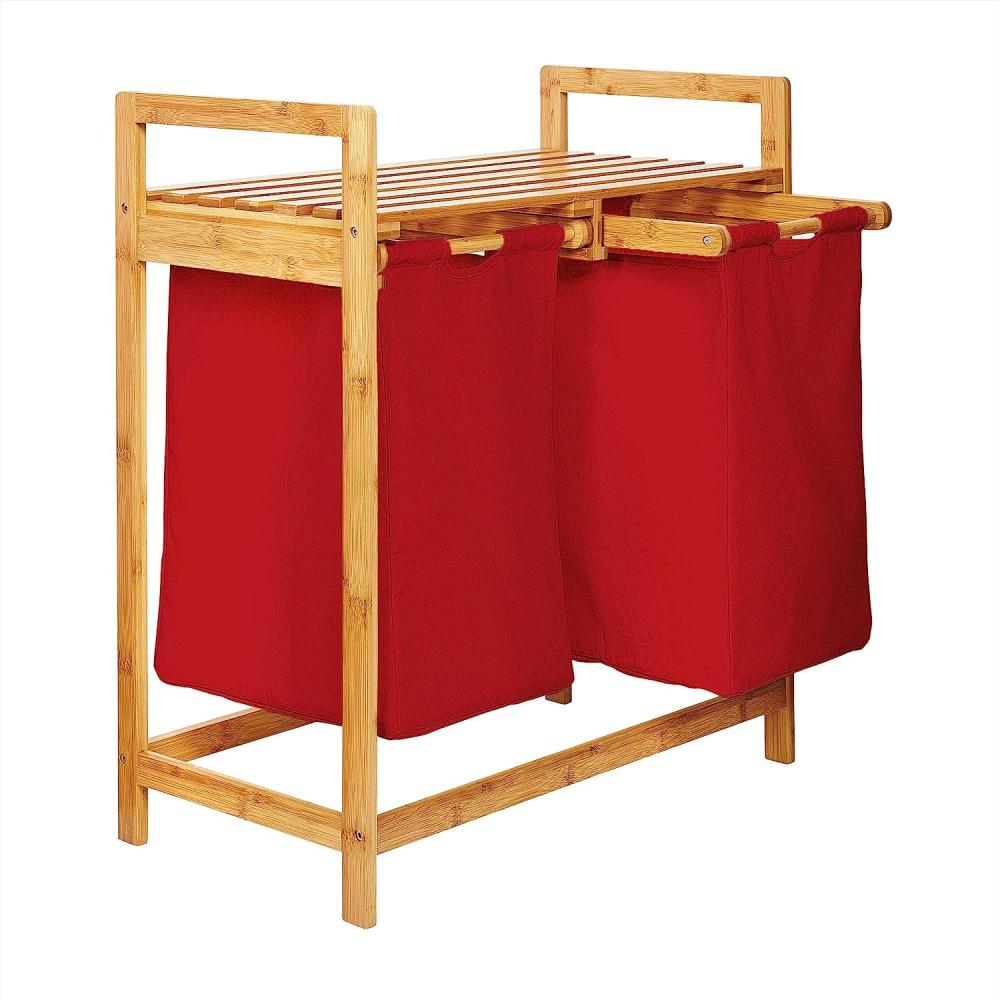 Lumaland Wäschekorb aus Bambus mit 2 ausziehbaren Wäschesäcken - Größe ca. 73 cm Höhe x 64 cm Breite x 33 cm Tiefe - Farbe Rosa Bild 1