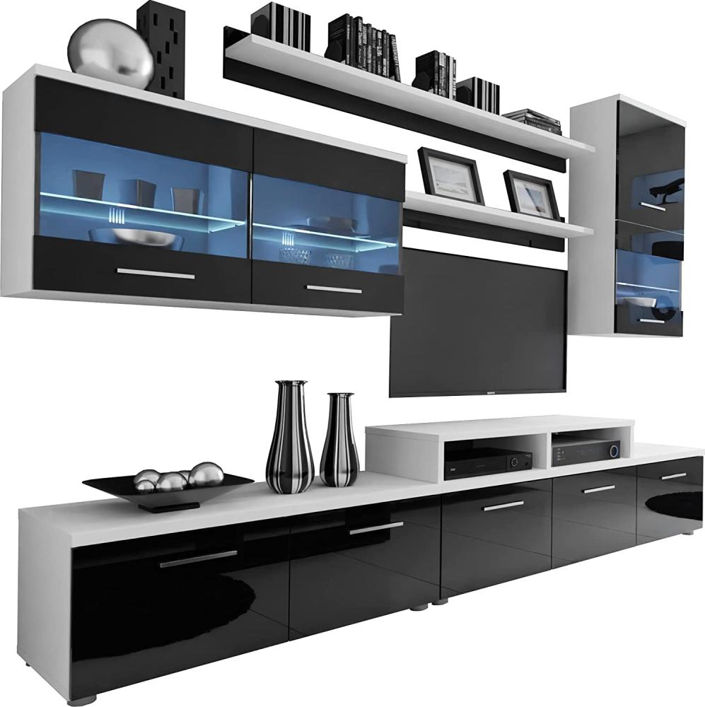 Domando Wohnwand Loano Modern für Wohnzimmer Breite 250cm, LED Beleuchtung in Weiß, Hochglanz in Weiß Matt und Schwarz Hochglanz Bild 1