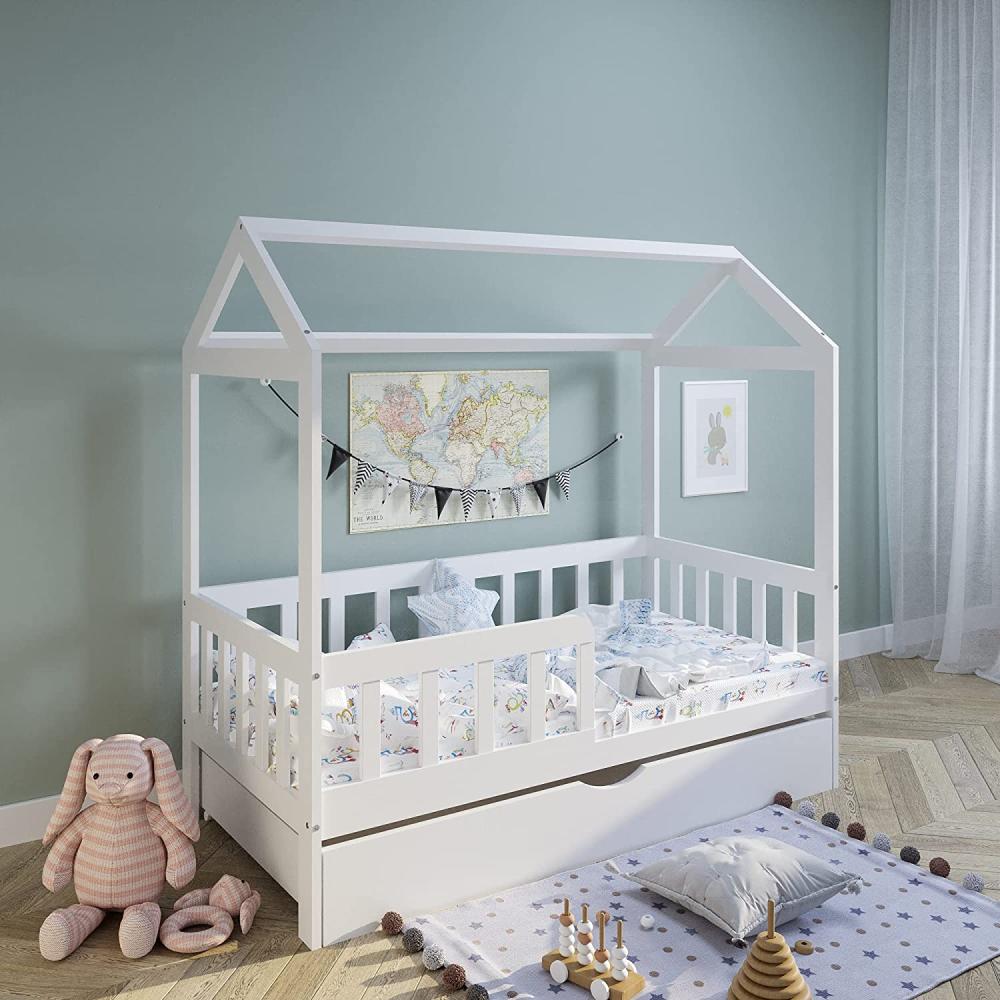 Hausbett Kinderbett 80x160 cm mit Rausfallschutz, Schublade & Lattenrost weiß 160 x 80 für Mädchen und Jungen Massivholz Kiefer Bild 1
