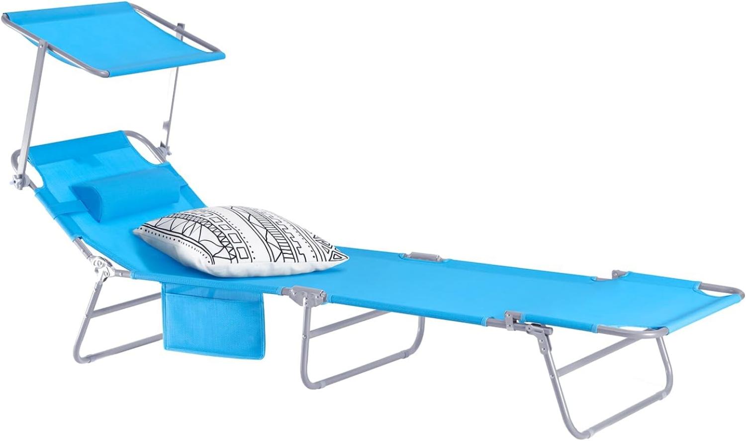 SoBuy OGS48-B Sonnenliege mit abnehmbarem Kopfkissen und verstellbarem Sonnendach Gartenliege mit Seitentasche Strandliege Relaxstuhl Liegestuhl klappbar Blau bis 150 kg belastbar Bild 1