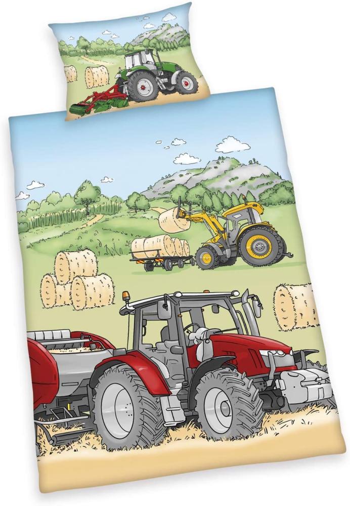 Trecker Flanell Baby Bettwäsche Set Traktor Biber 100x135 cm (40x60 cm) Bild 1