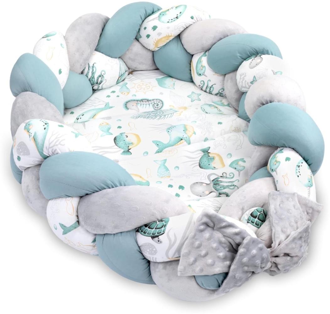 Babynest Neugeborene Nestchen Baby – Minky Kuschelnest mit Zopf Kissen zerlegbares Set zweiseitig Babynestchen Babybett 75x45 cm, Wassertiere Bild 1