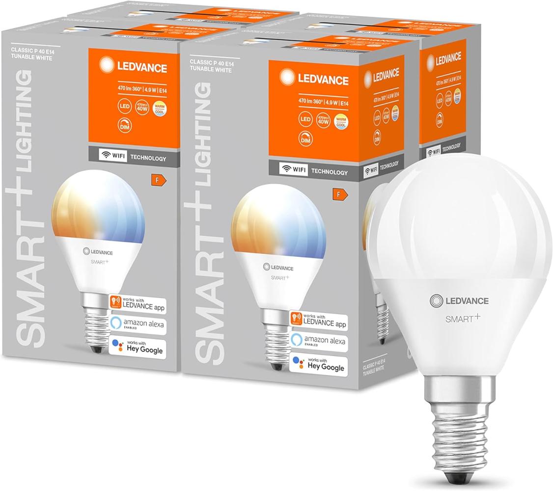 LEDVANCE Smarte LED-Lampe mit WiFi Technologie, Sockel E14, Dimmbar, Lichtfarbe änderbar (2700-6500K), ersetzt Glühlampen mit 40 W, SMART+ WiFi Mini Bulb Tunable White, 4er-Pack Bild 1