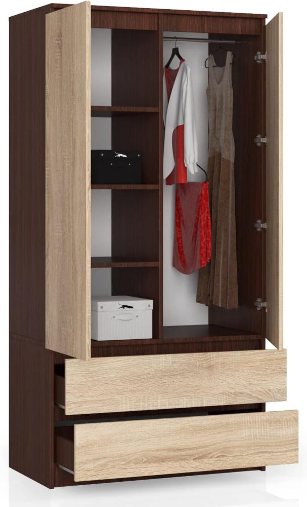 BDW Kleiderschrank 2 Türen, 4 Einlegeböden, Kleiderbügel, 2 Schubladen Kleiderschrank für das Schlafzimmer Wohnzimmer Diele 180x90x51cm (Venga/Eiche Sonoma) Bild 1