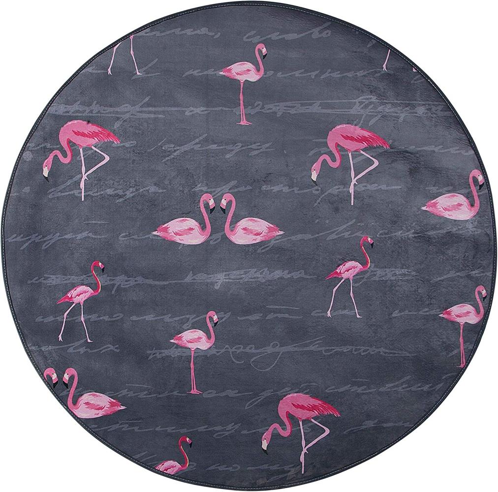 Kinderteppich grau ⌀ 120 cm Flamingo-Muster Kurzflor KERTE Bild 1