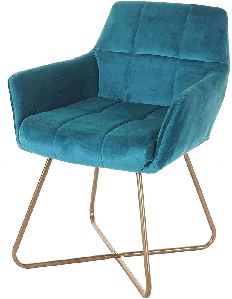 Esszimmerstuhl HWC-F37, Stuhl Küchenstuhl, Retro Design Samt goldene Füße ~ petrol-blau Bild 1