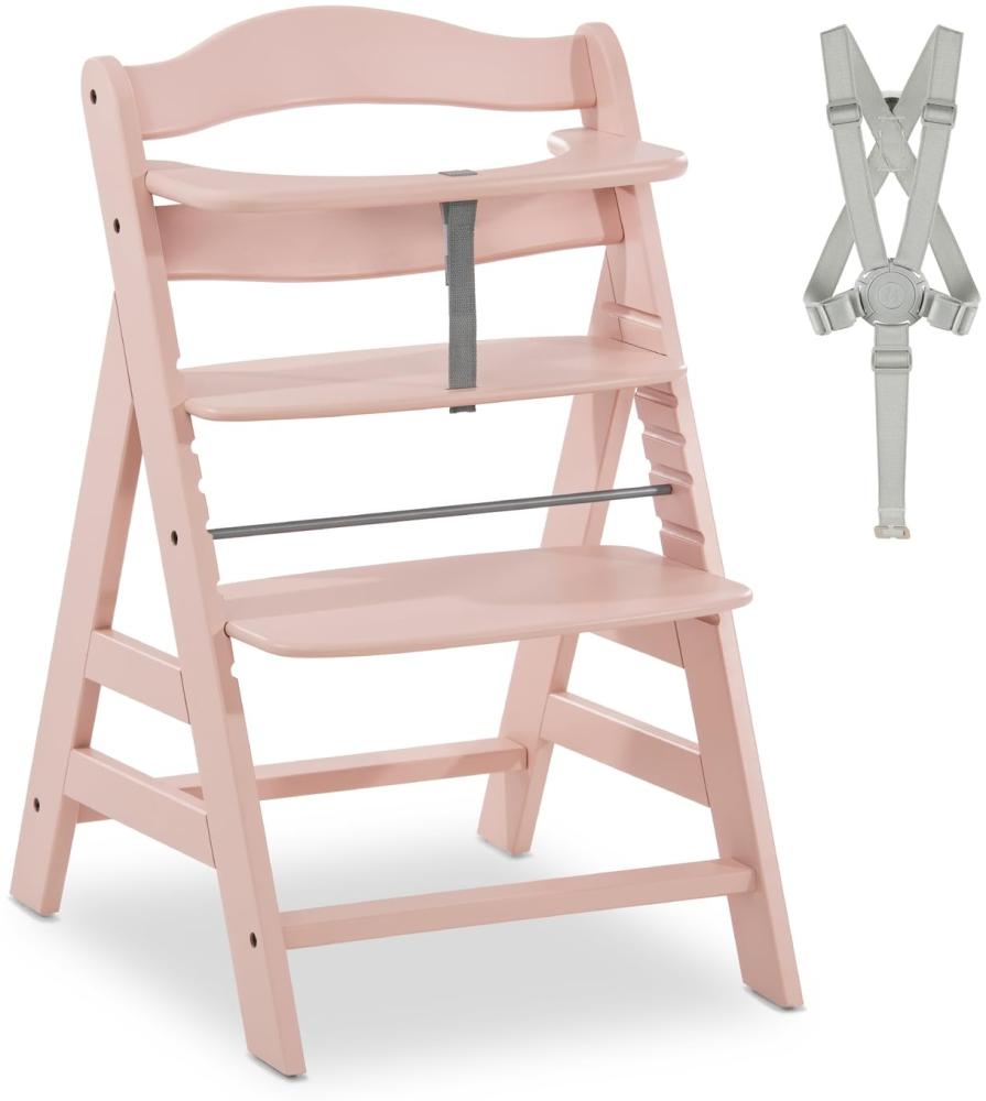 Hauck Kinder Hochstuhl Alpha+ - Mitwachsender Holz Babystuhl (FSC zertifiziert), Kinderhochstuhl ab 6 Monate, verstellbar, mit Schutzbügel, Schrittgurt und 5-Punkt-Gurt - Rose Bild 1