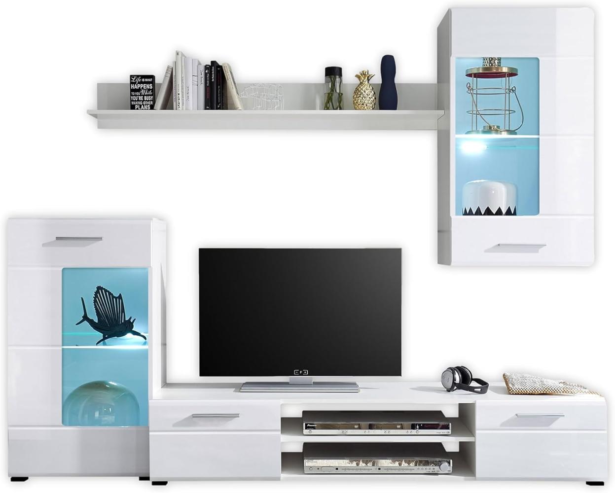 SHOT Wohnwand Komplett-Set in Weiß Hochglanz - Moderne Schrankwand mit viel Stauraum für Ihr Wohnzimmer - 230 x 190 x 40 cm (B/H/T) Bild 1