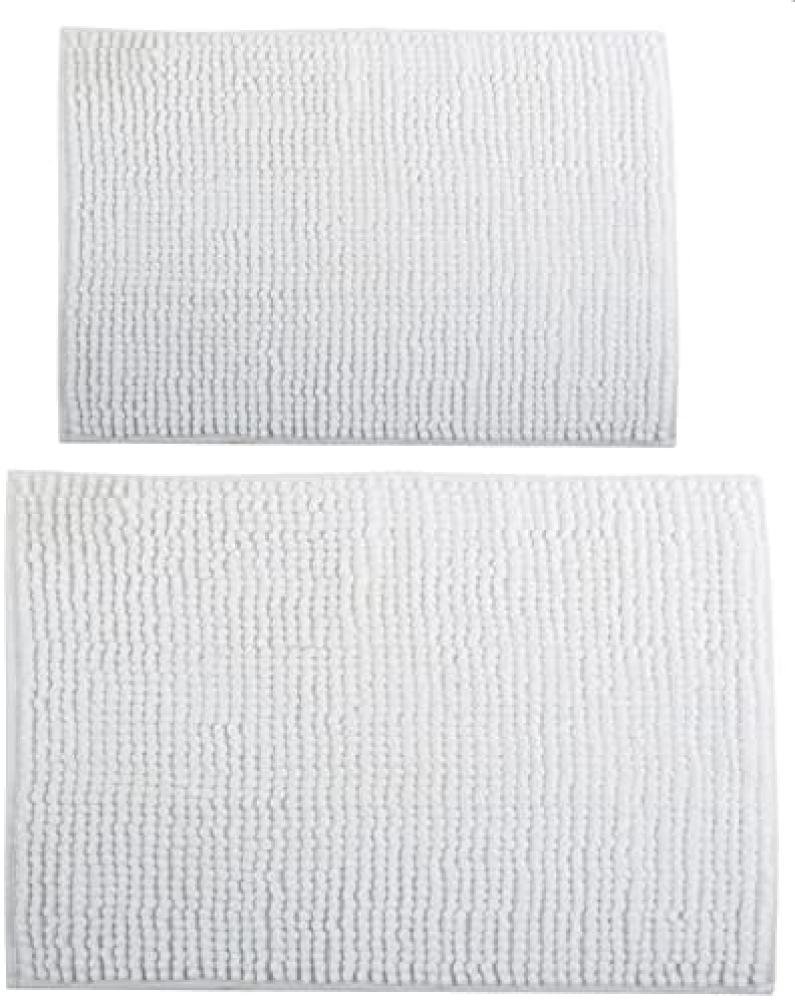 MSV Badteppich 2er Set Badvorleger Duschvorleger Chenille Hochflor Badematte 40x60 cm + 60 x 90 cm – Weiß Bild 1