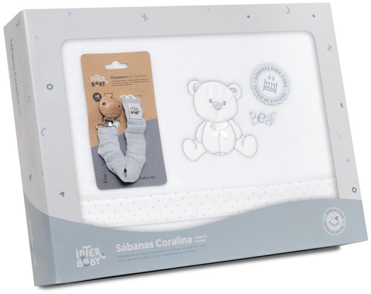 Fleece-Plüsch-Bettlaken-Set Kinderbett "Oso Lazo" weiß grau & Schnullerketten Musseline mit Clip · 3- Teilig Winter -Bettwäsche-Set für kinderbett · Babys Bild 1