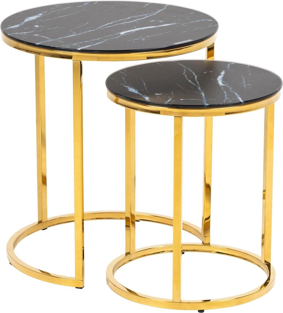 AC Design Furniture Antje Satztische aus Glas, rund mit goldenem Gestell, Tischplatte in schwarzer Marmoroptik, Couchtisch 2er Set, schwarzer Glas-Beistelltisch, Wohnzimmer Couchtisch Glas Bild 1