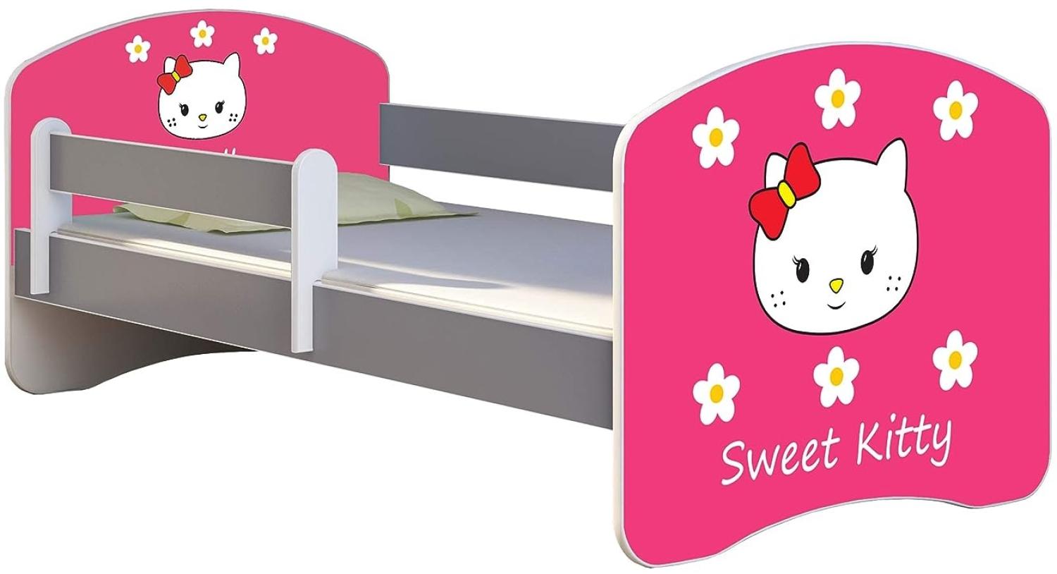 ACMA Kinderbett Jugendbett mit Einer Schublade und Matratze Grau mit Rausfallschutz Lattenrost II (16 Sweet Kitty 2, 180x80) Bild 1