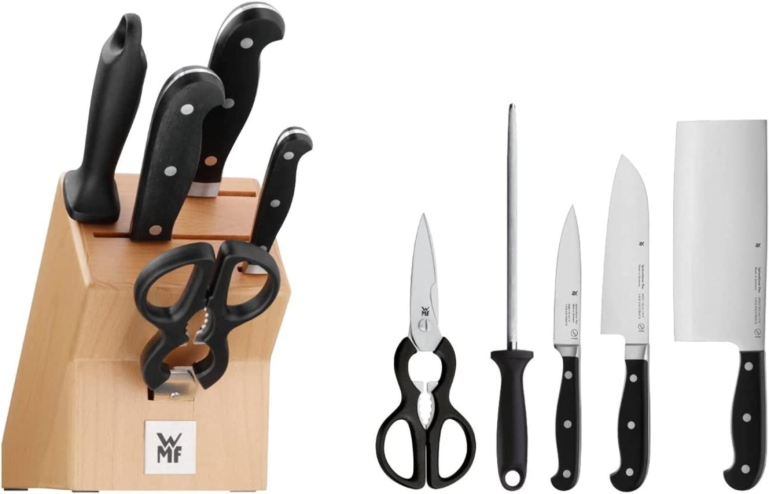 WMF Spitzenklasse Plus Messerblock mit Messerset, 6-teilig, 3 Messer geschmiedet, 1 Schere, 1 Wetzstahl, 1 Block aus Buchenholz, Performance Cut, Spezialklingenstahl Bild 1