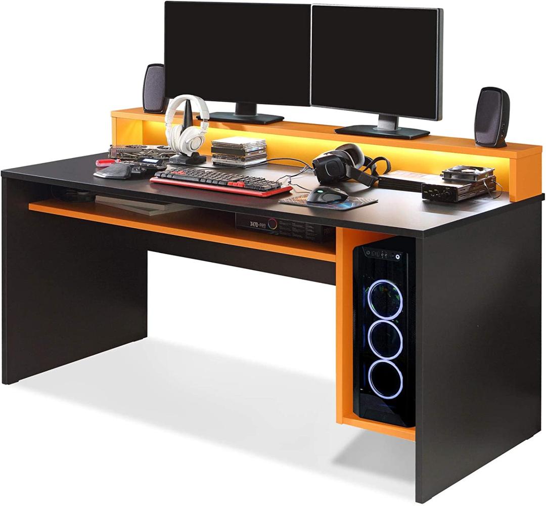 Möbel-Eins TEZO II Gaming Schreibtisch, Material Dekorspanplatte, schwarz/orange inkl. LED-Beleuchtung bunt Bild 1
