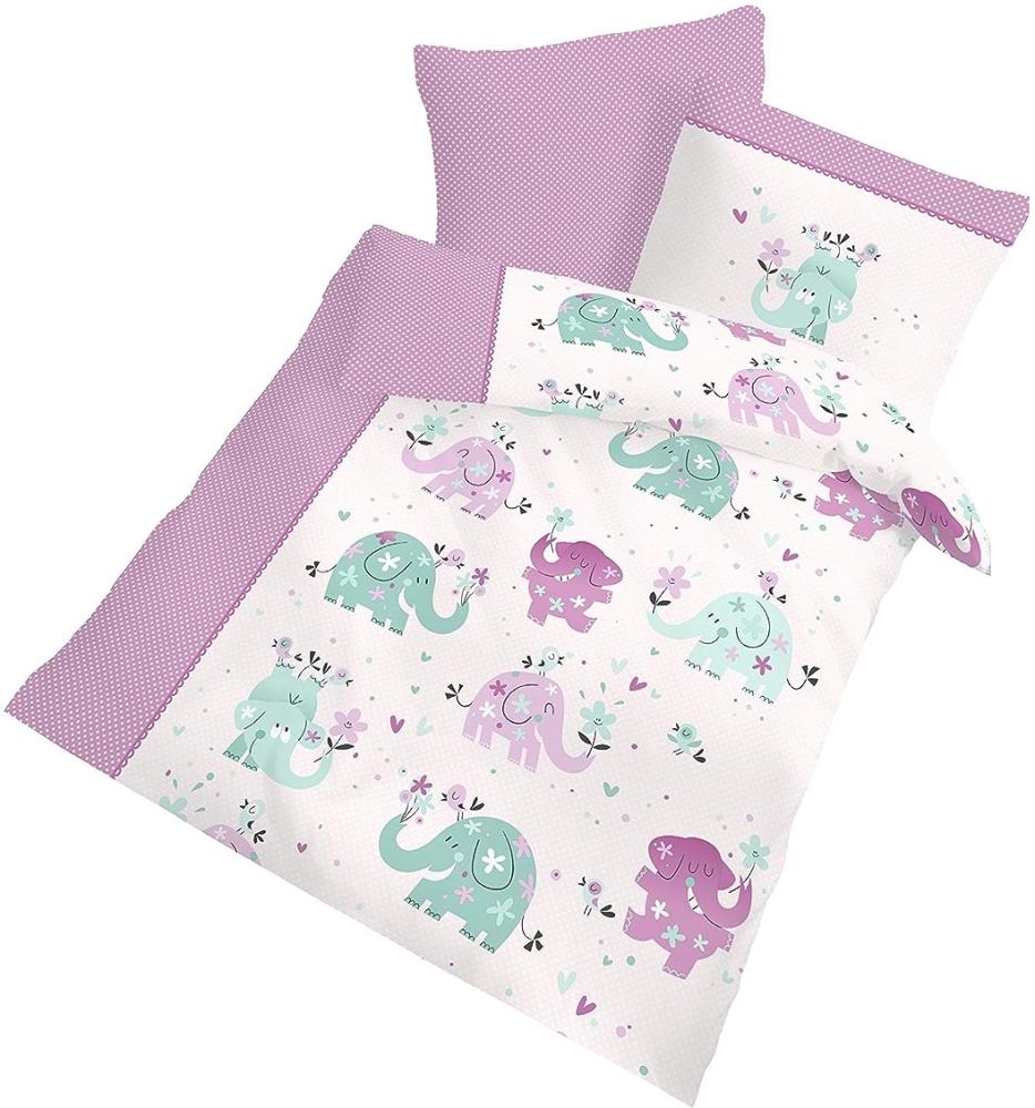 Dobnig Biber Baby Bettwäsche 2 teilig Bettbezug 100 x 135 cm Kopfkissenbezug 40 x 60 cm Elefanten himbeere Bild 1