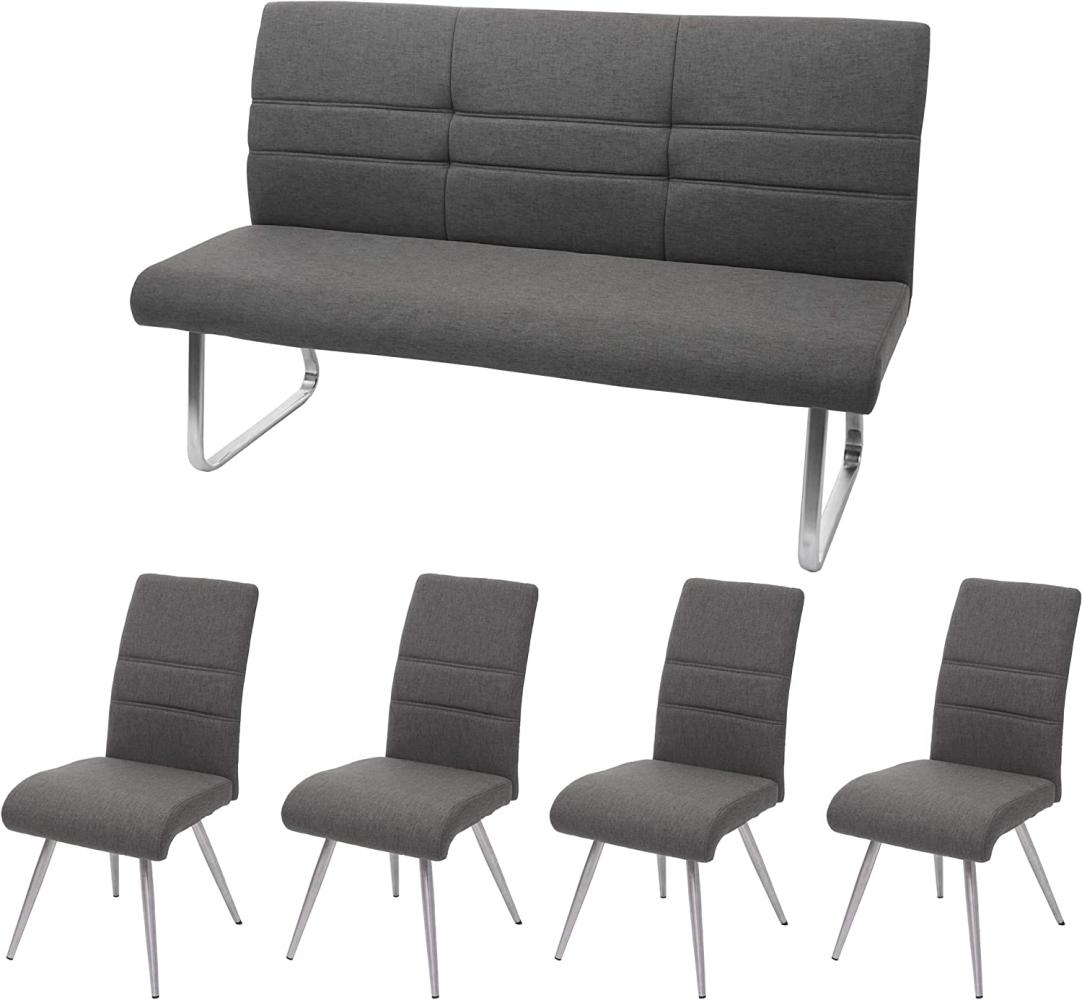 Set 4x Esszimmerstuhl+Sitzbank HWC-G55, Bank Küchenstuhl Stuhl, Stoff/Textil Edelstahl ~ grau-braun Bank 180cm Bild 1