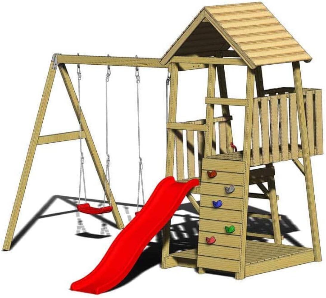 Wendi Toys Holz Spielturm Salamander | inkl. Rutsche, Kletterwand und 2 Schaukeln | Natur | 290x340x270 cm Bild 1