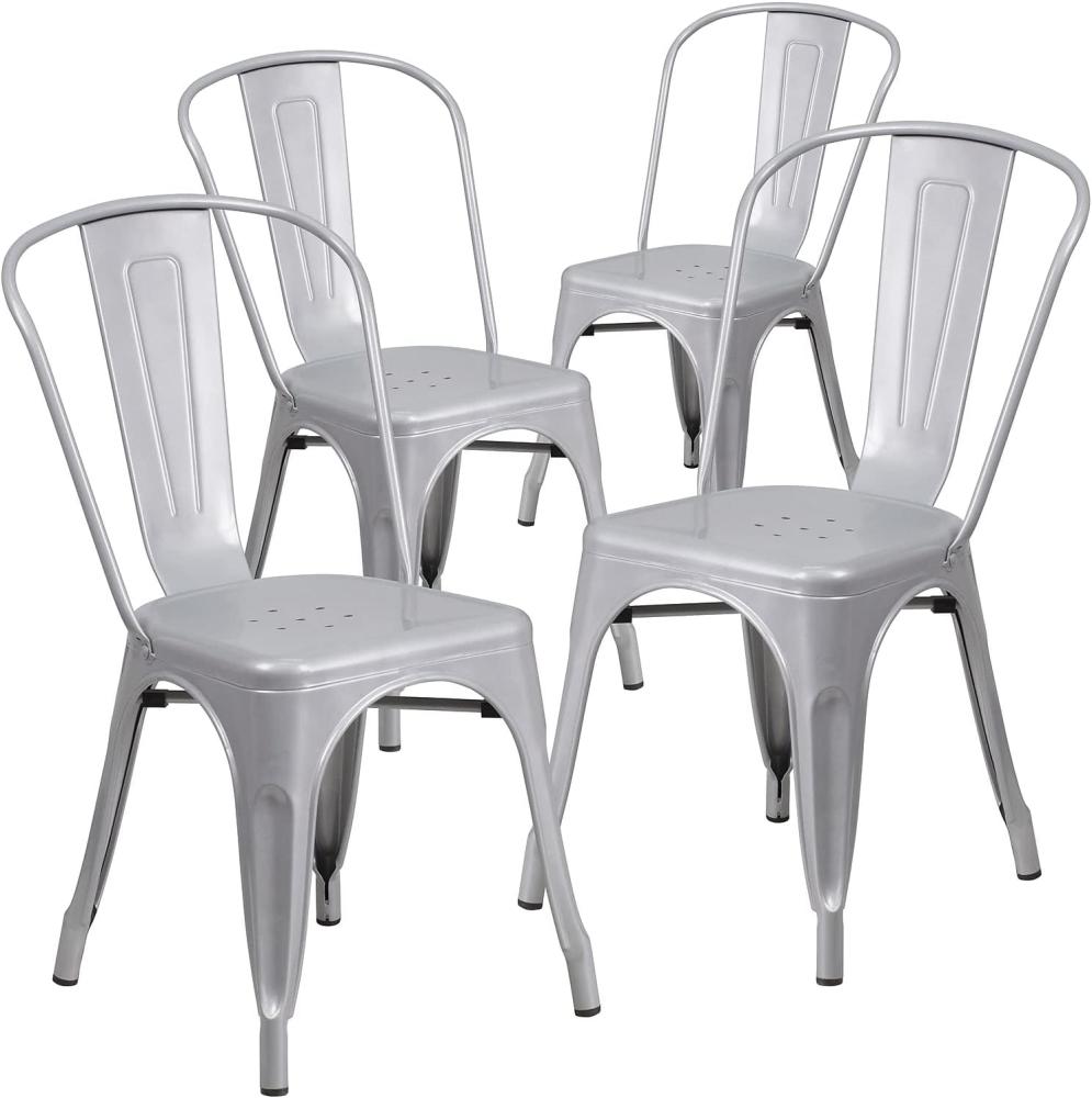 Flash Furniture Stapelbare Stühle für den Innen-und Außenbereich, aus Metall, 4 Stück, Kunststoff, Gummi, Silber, 4 Pack Bild 1
